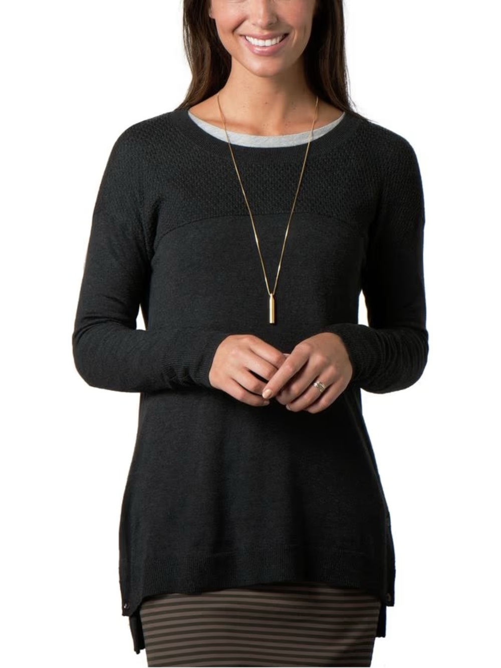 Toad&Co Gypsy Crew Sweater Merino Wool Blend Honeycomb Stitch Side Hem Button